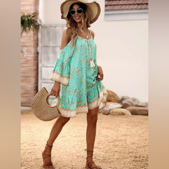 NEW! Boho Chic, Cold shoulder, floral print, mini dress / tunic - Picture 6 of 6